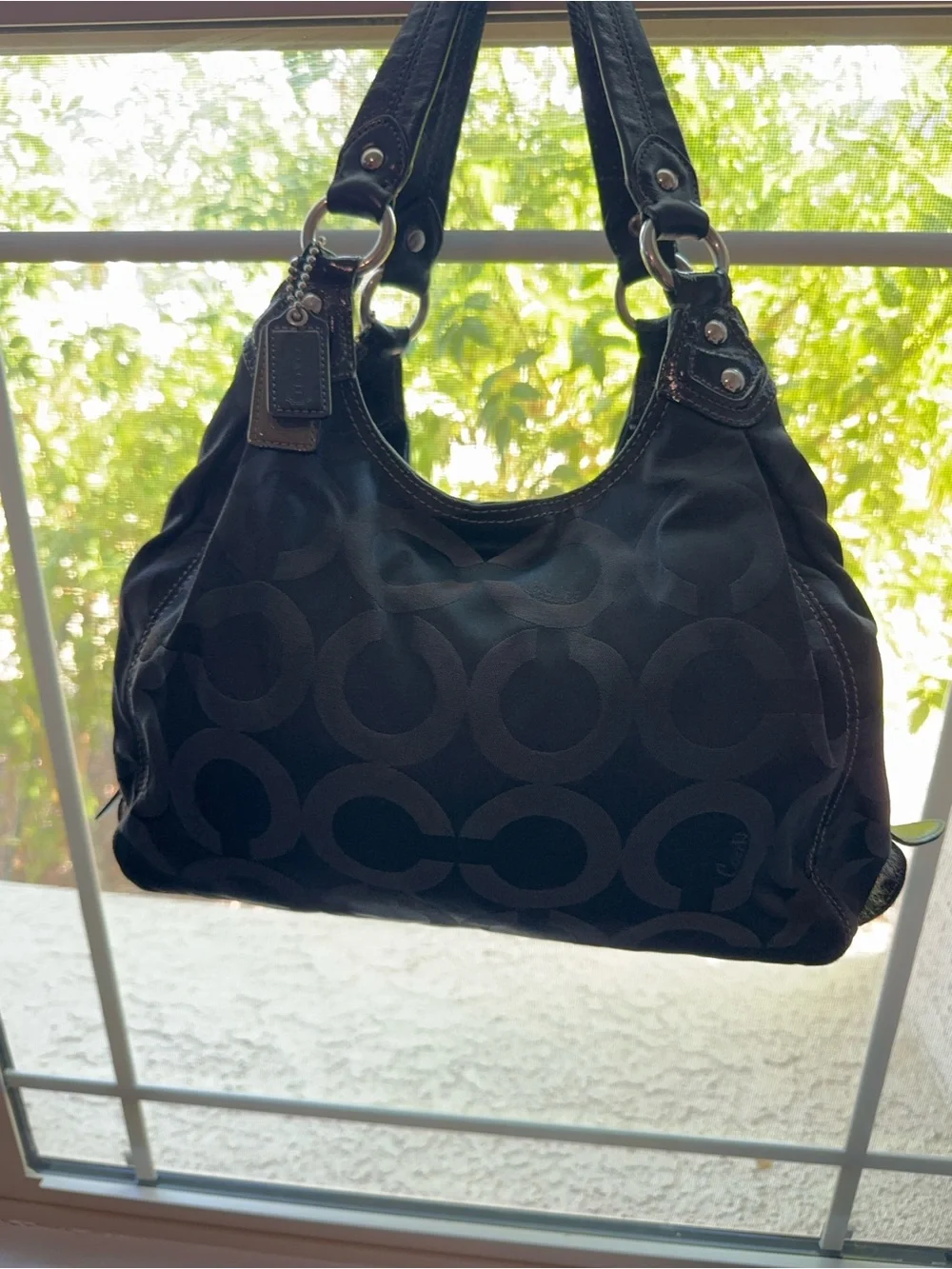 Coach Black Signature Tote with Pink Charm Accents